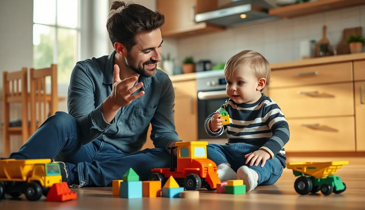 Parent and toddler playing with wooden blocks on a kitchen floor