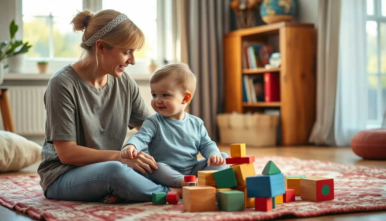Toddler and adult playing with wooden blocks during speech practice at home