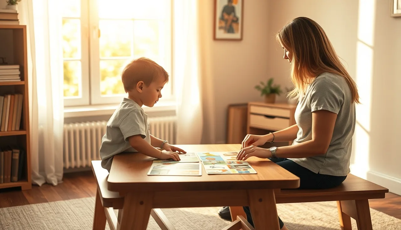Child and speech therapist working together with picture cards in a sunlit therapy room