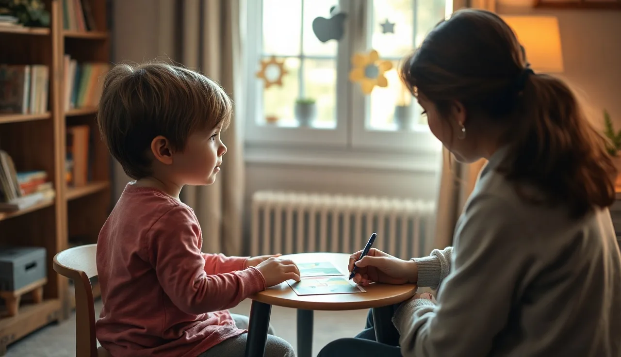 Young child and speech therapist working together with picture cards in a therapy room