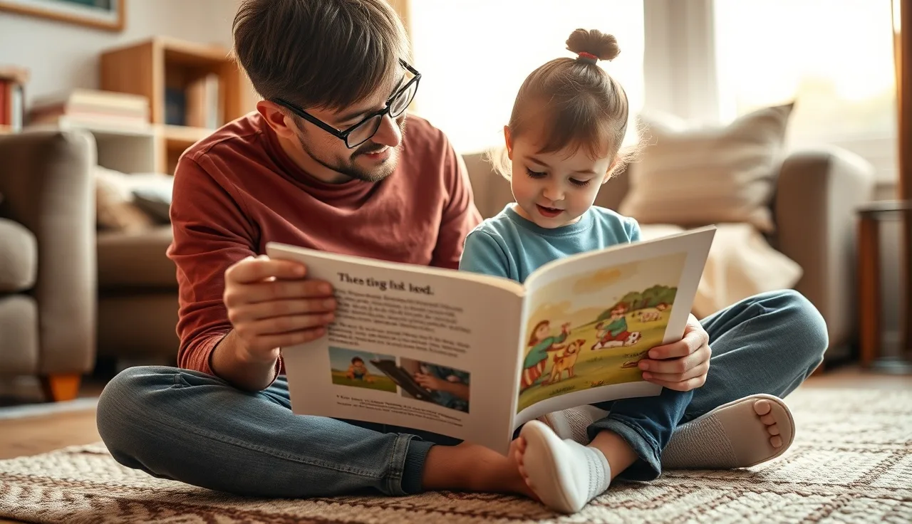 Parent and preschooler reading together on a rug during at-home speech practice
