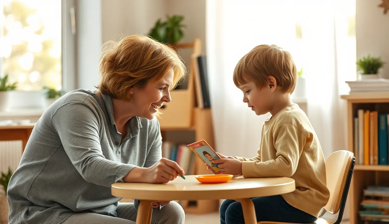 Child and speech therapist doing picture card articulation practice in a therapy room