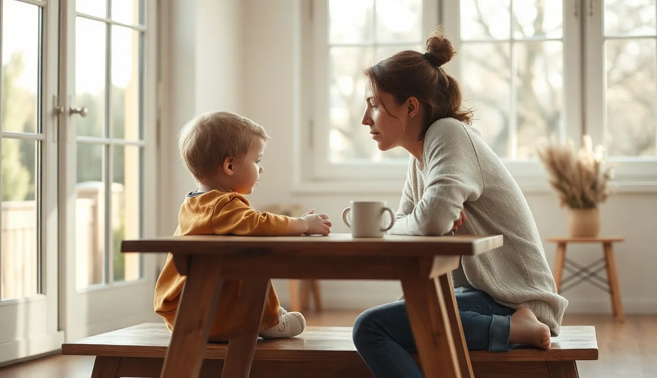 Child and adult in quiet conversation during a speech therapy session at a wooden table
