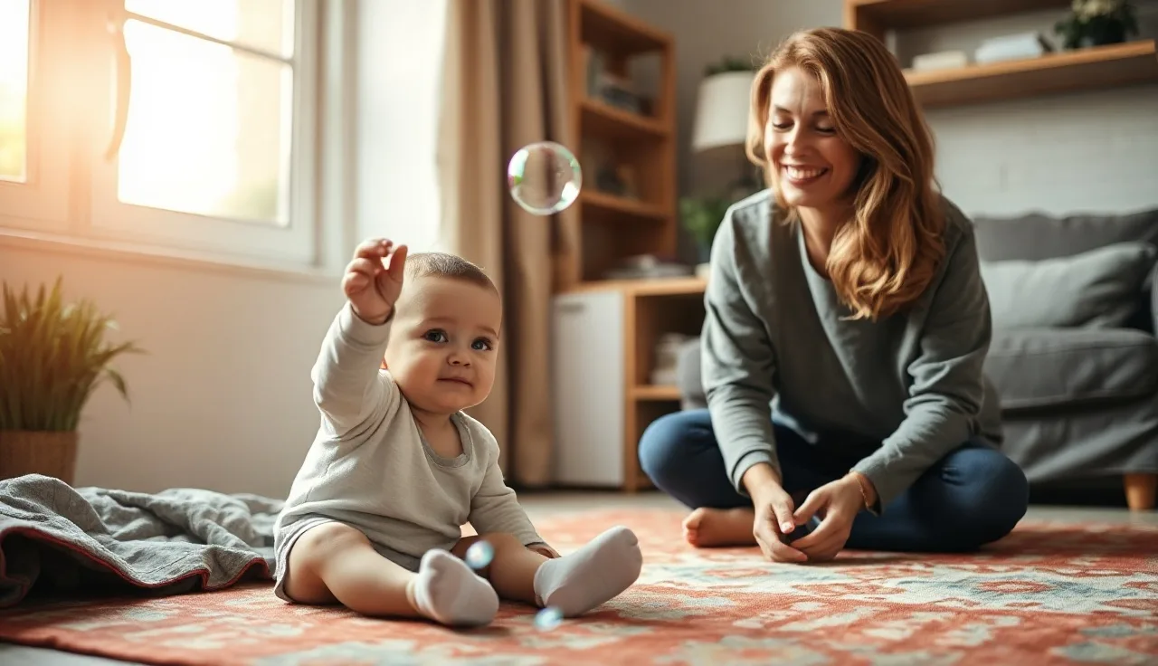 Toddler reaching for a bubble during a speech therapy play session at home