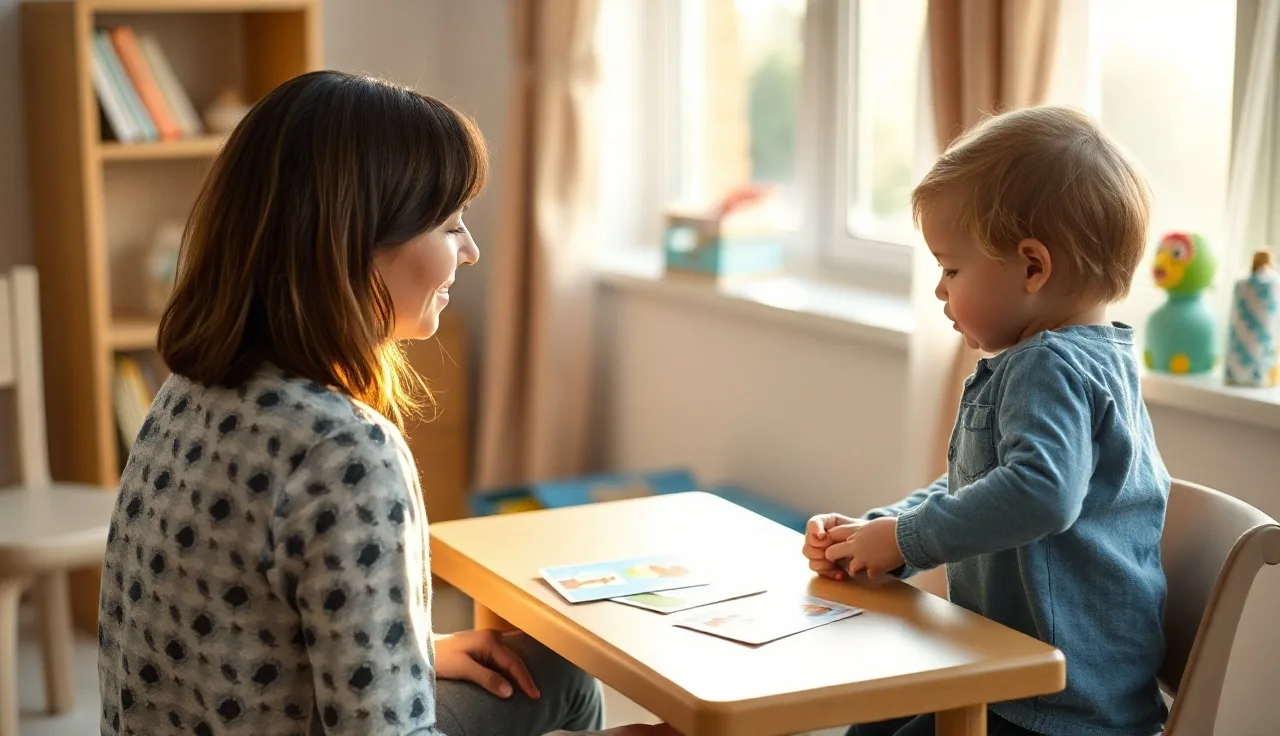 Child and speech therapist working with picture cards at a therapy table