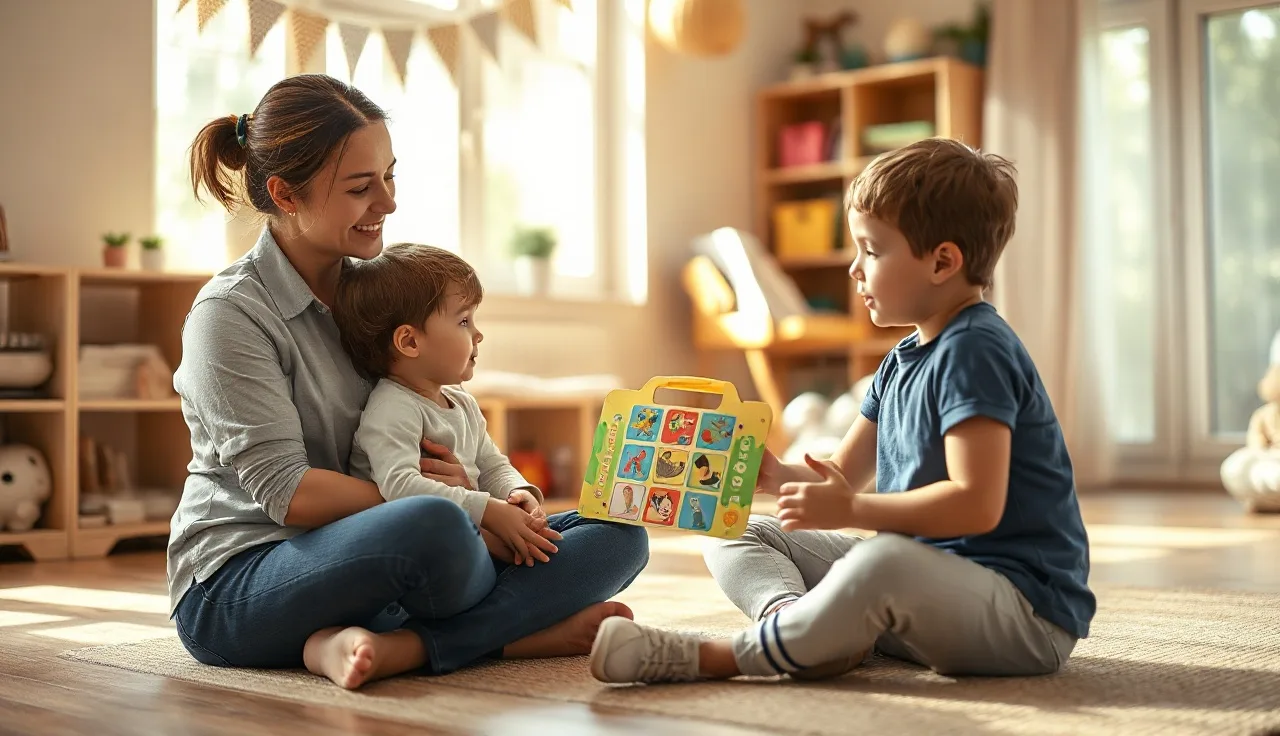 Speech therapist and child with cerebral palsy using a picture communication board