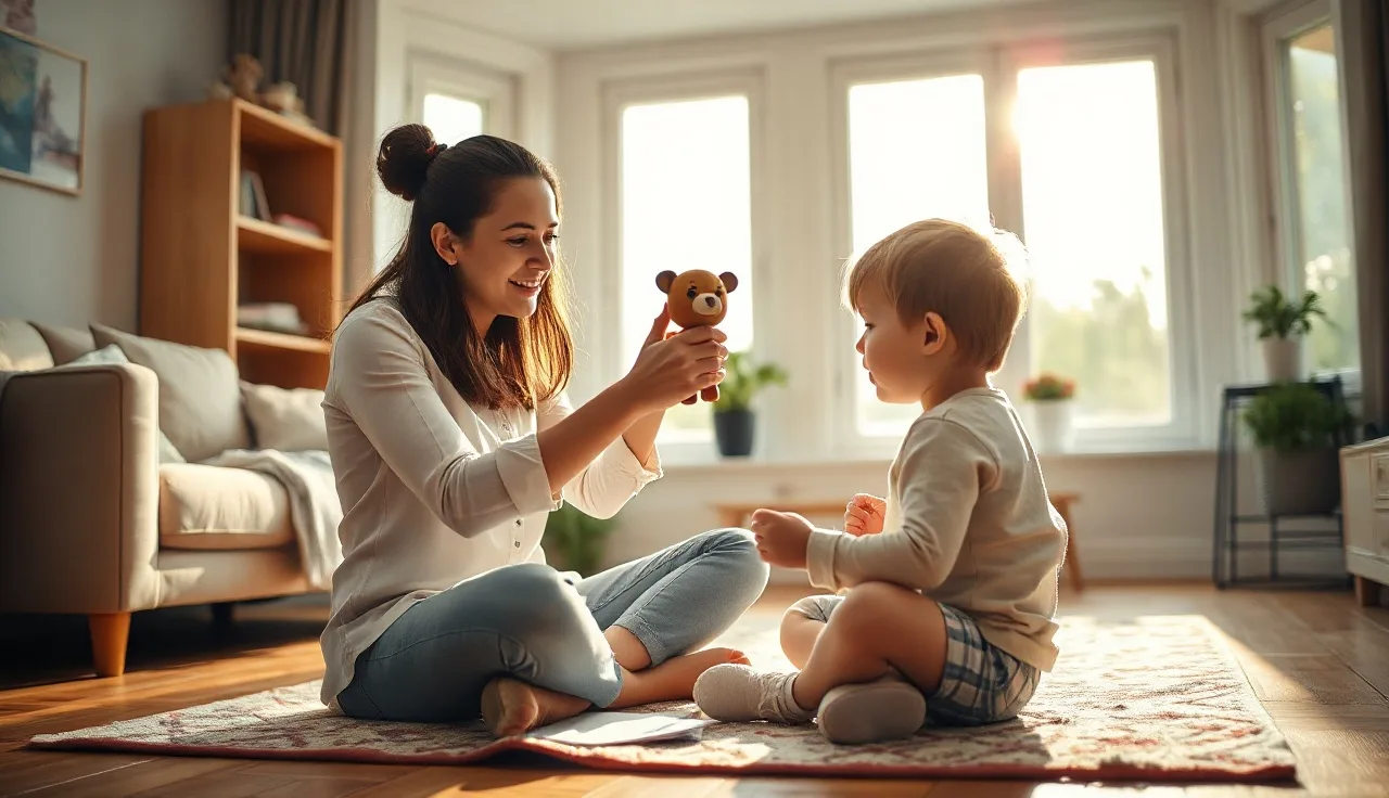 Speech-language pathologist playing with toddler on living room floor during home therapy session