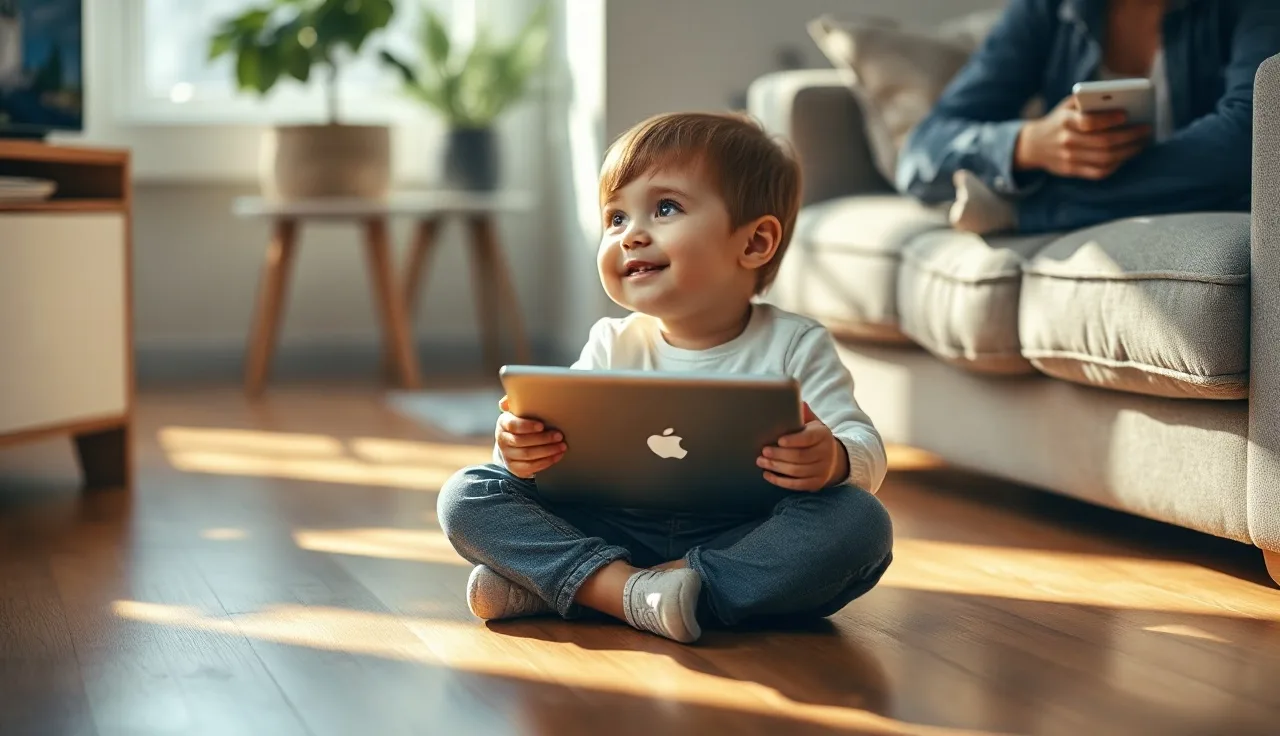 Young child holding a tablet and looking up during a speech practice session at home
