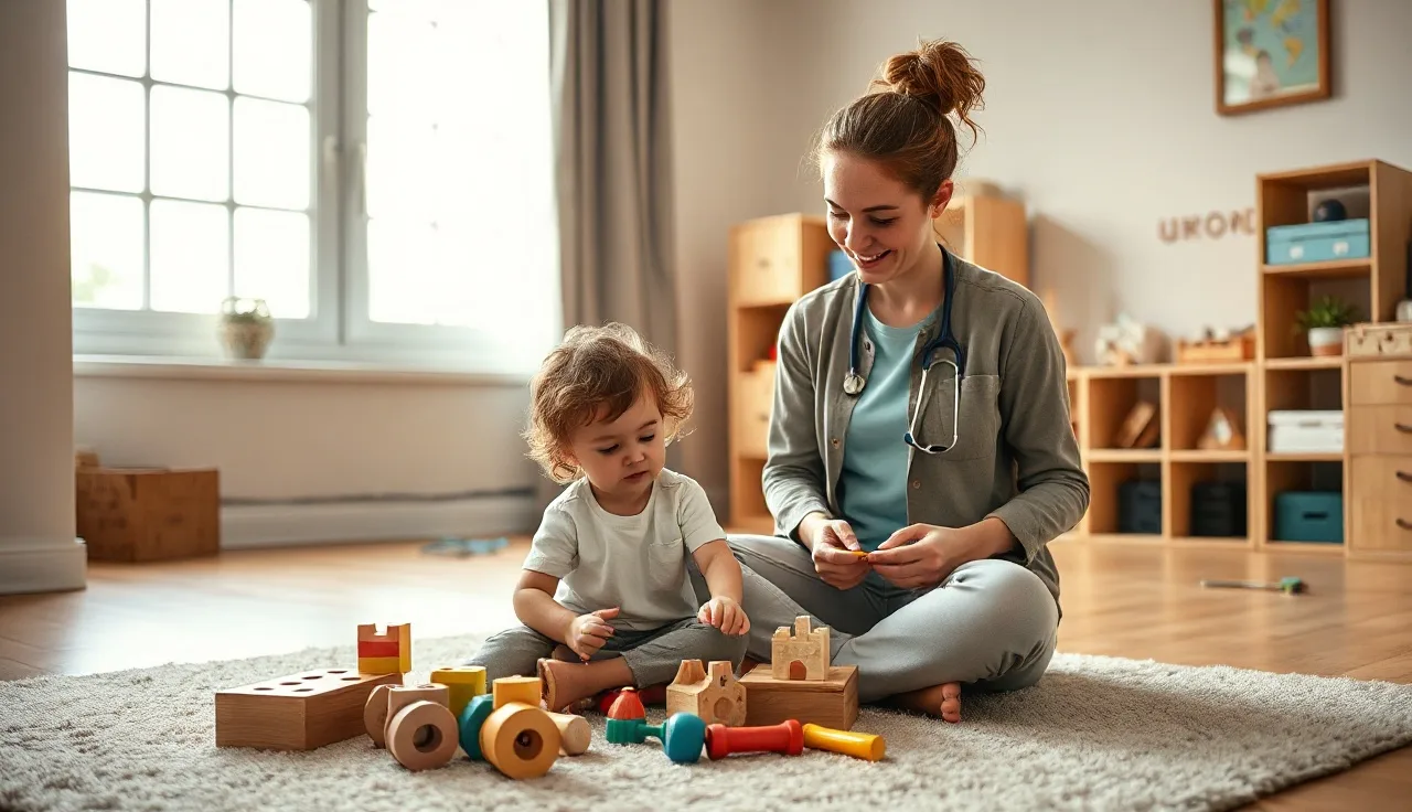 Speech therapist and young child playing with wooden toys during a therapy session
