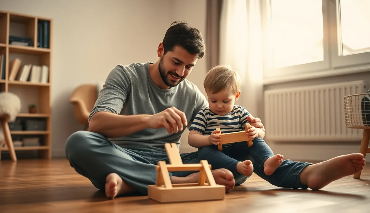 Parent and toddler playing on a living room floor practicing speech at home