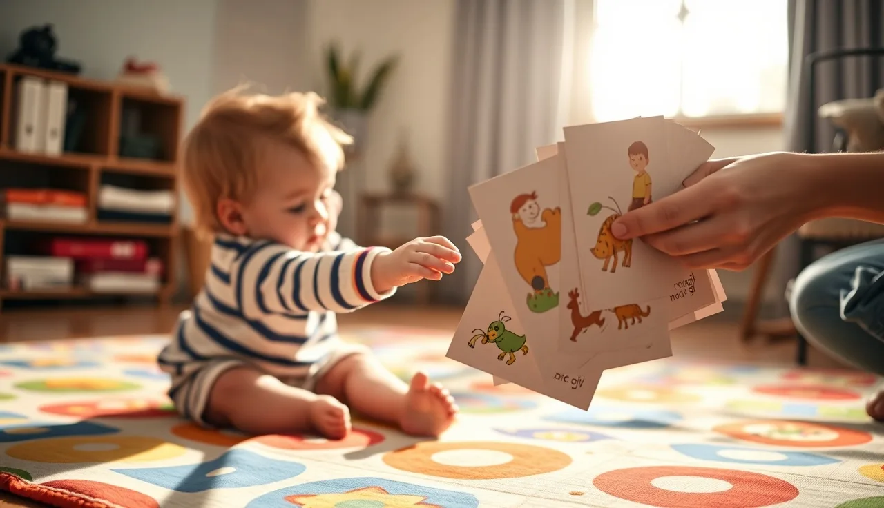 Young child reaching for picture communication cards during a home speech therapy session