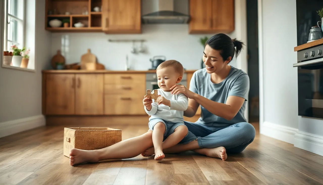 Parent and toddler on kitchen floor doing puzzle play together in morning light