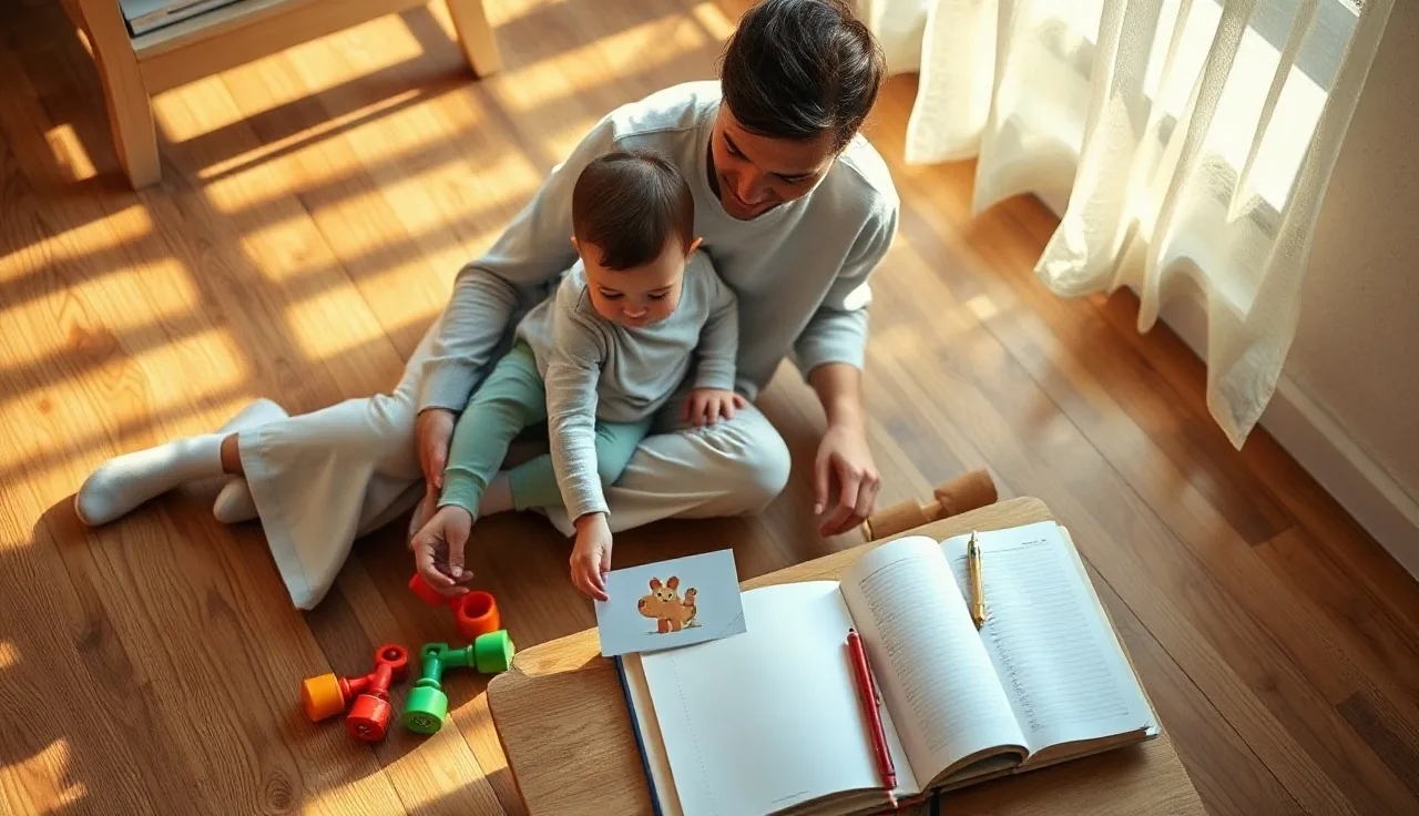 Parent and toddler using picture cards and toys during home speech therapy practice