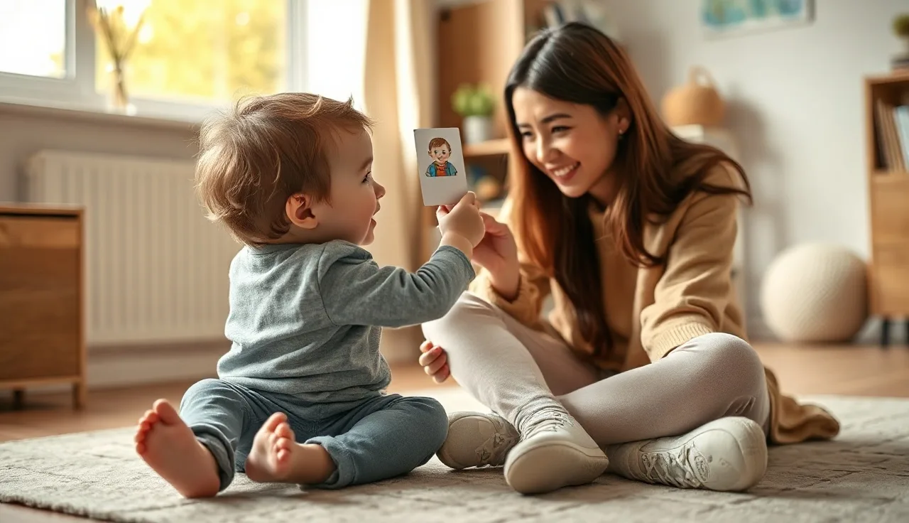 Parent and toddler doing picture card speech practice on a playroom floor