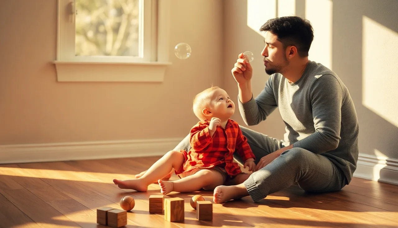 Parent blowing bubbles toward a toddler reaching up during play