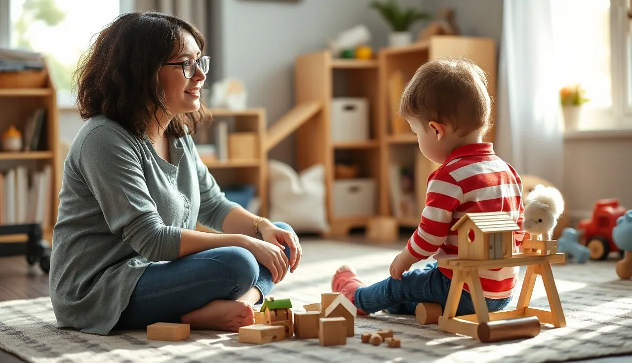 Speech therapist and toddler playing with blocks during a speech therapy session
