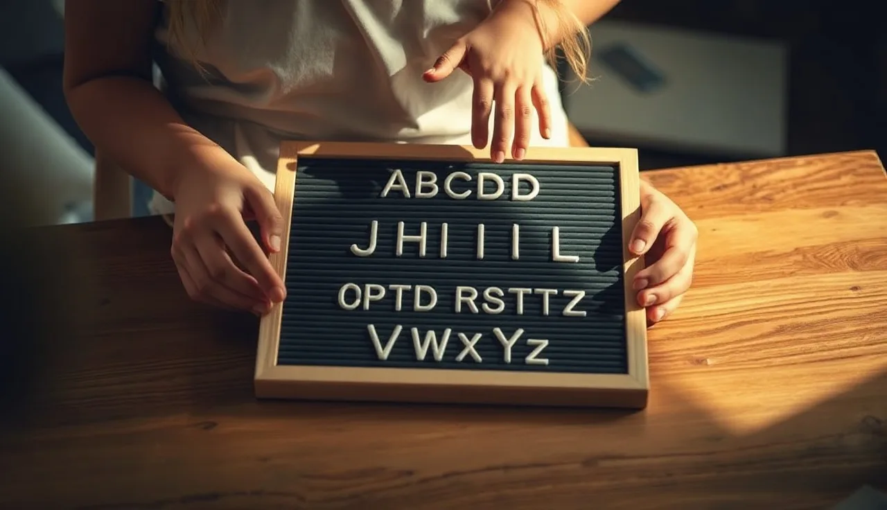 Child pointing at letterboard held by adult during communication session