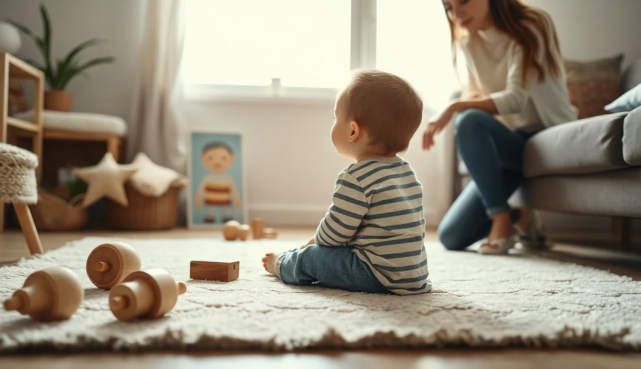 Toddler and parent on a living room rug during quiet play time
