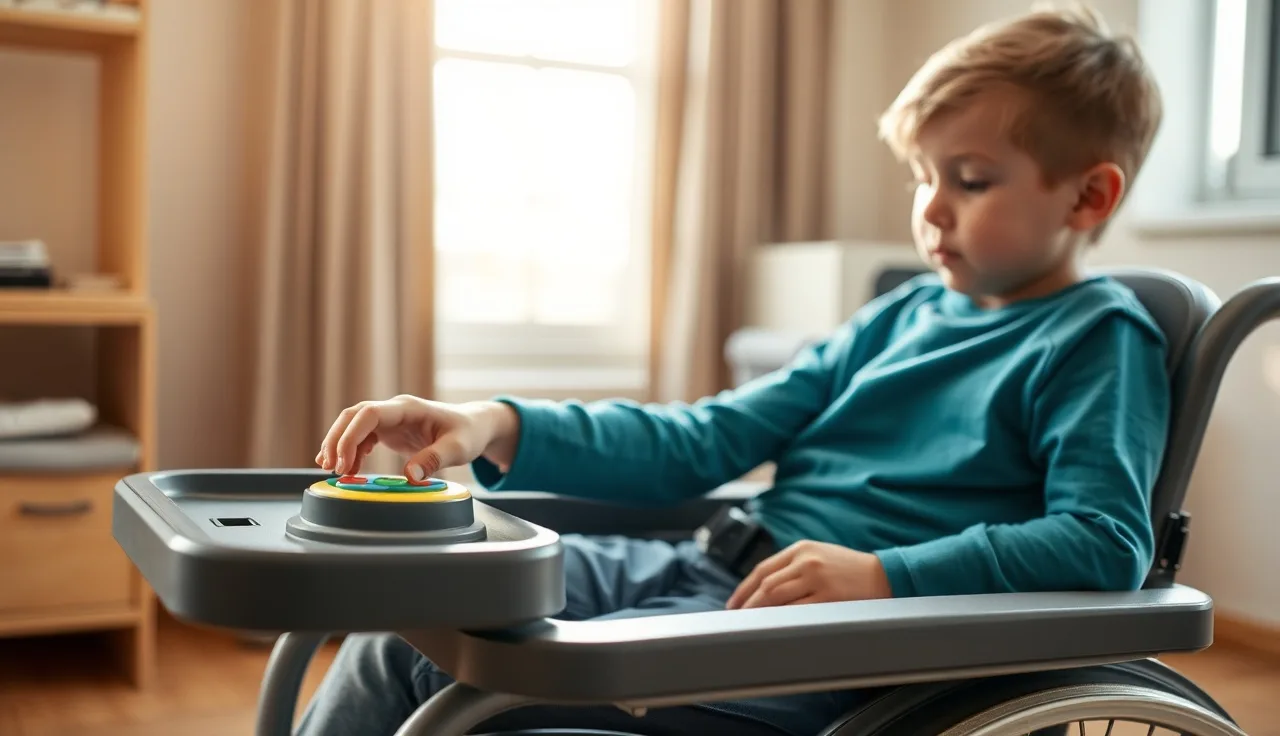 Child with limited motor abilities pressing a large switch button for AAC communication