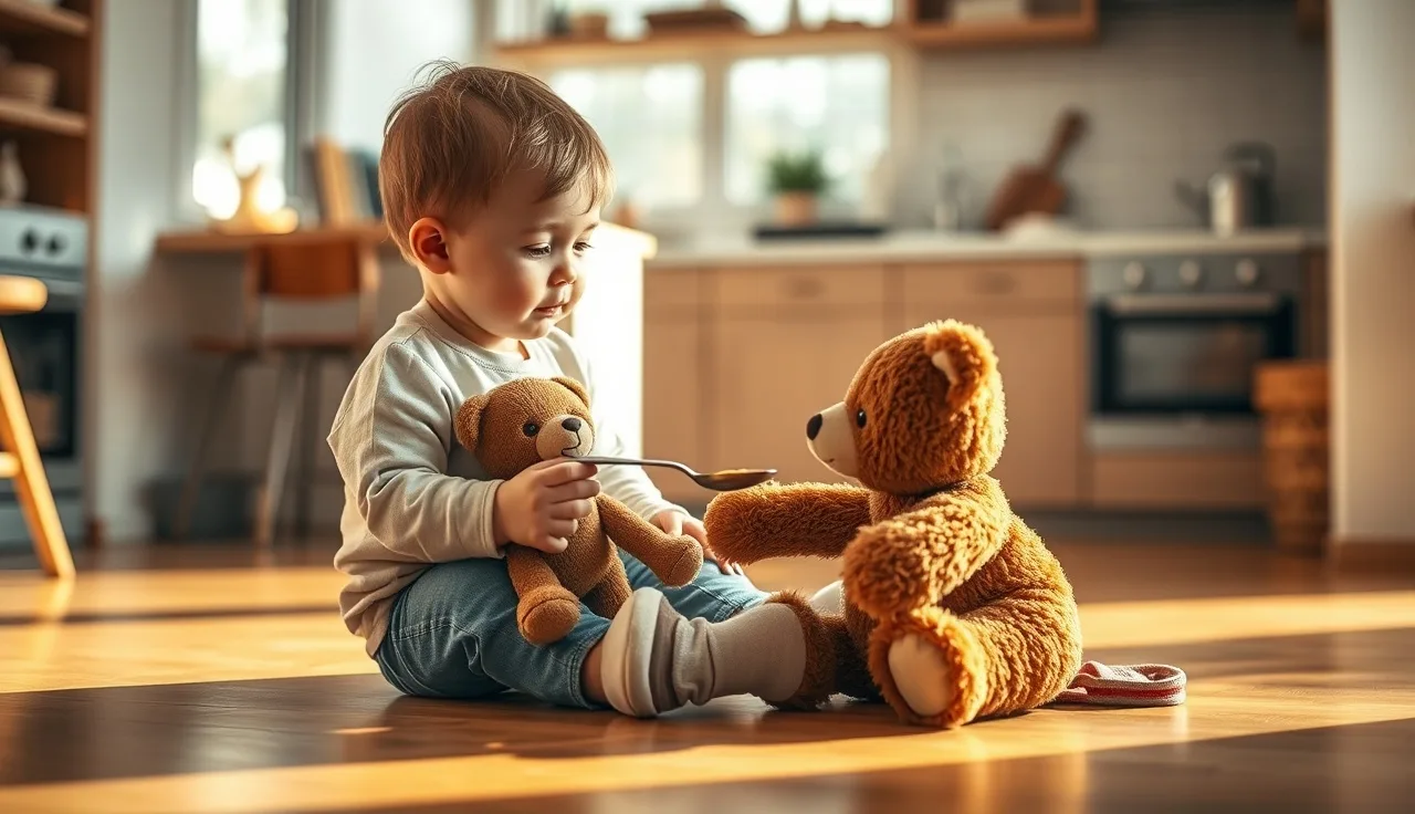 Toddler and parent feeding a stuffed bear with a toy spoon during symbolic play