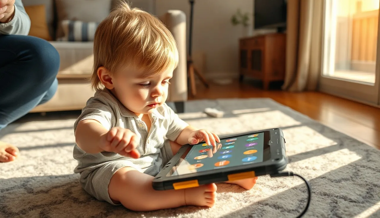 Young child using a symbol-based AAC talker device on the floor with a parent