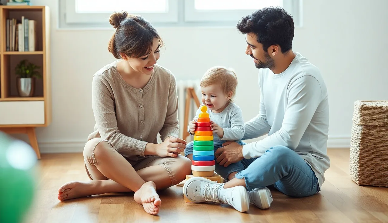 Parent and toddler playing with stacking toy on a wooden floor