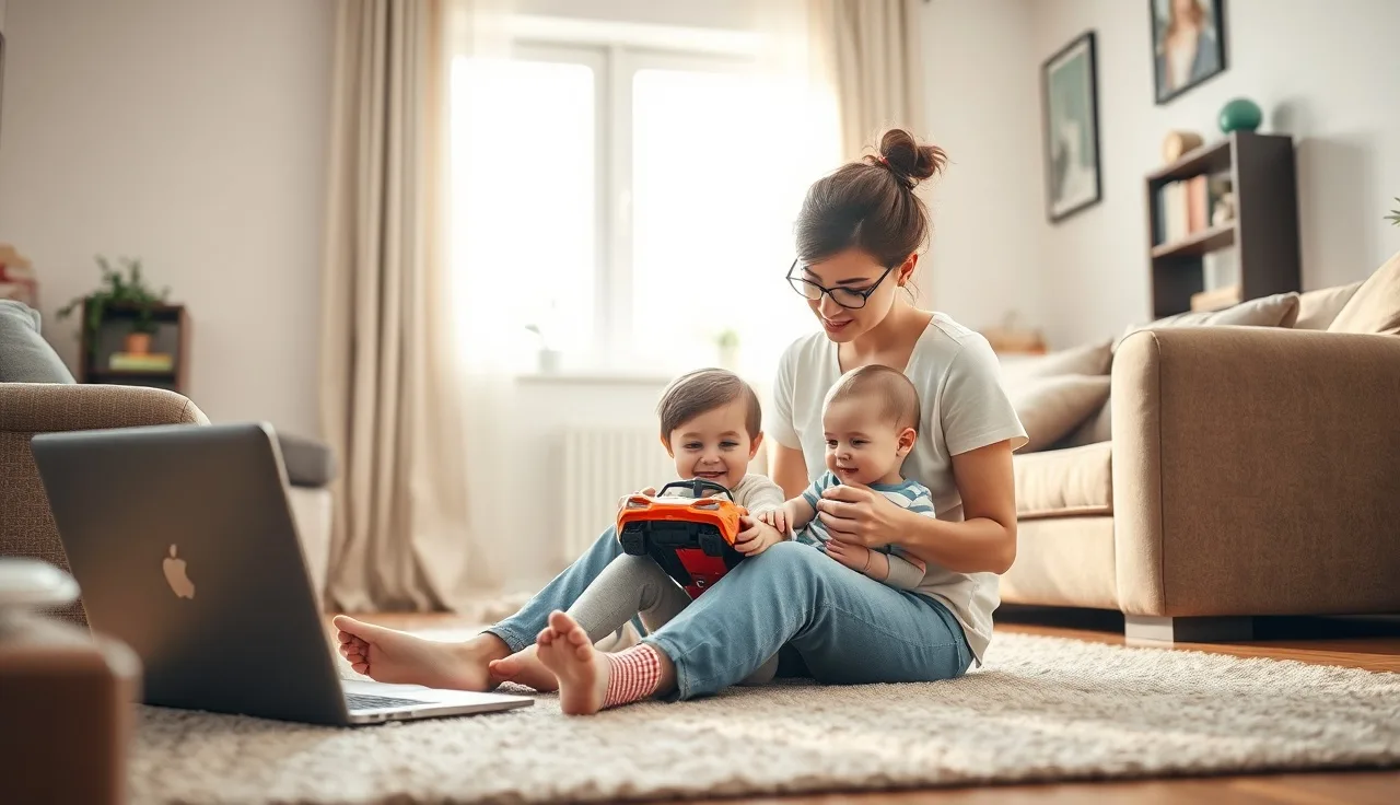 Parent and toddler playing on floor during a telehealth speech therapy session