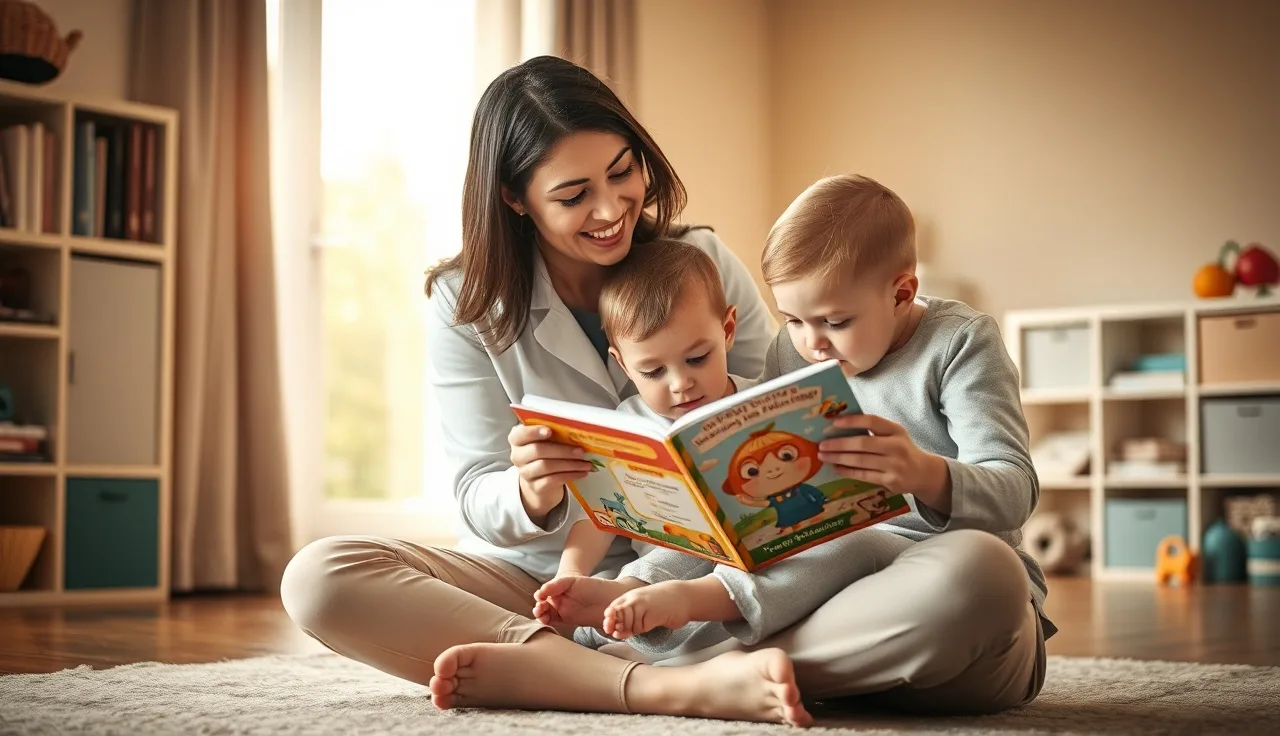 Speech therapist and toddler reading together on a playroom floor during therapy