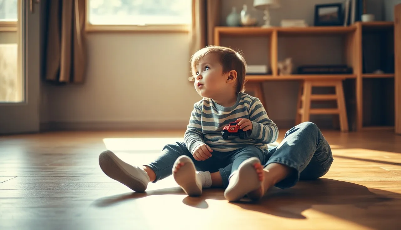 Toddler looking up at parent while holding toy, learning to talk through play