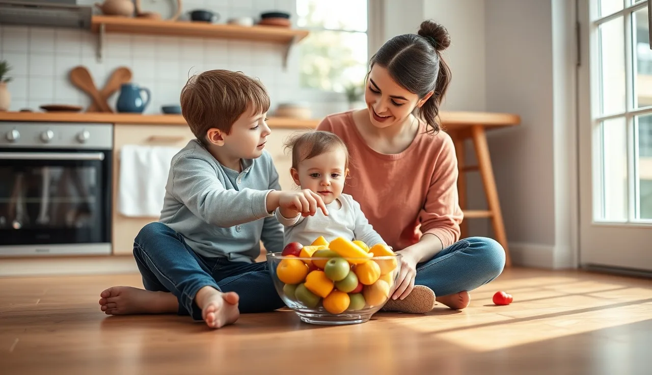 Parent pointing at fruit bowl while toddler reaches toward it, encouraging talking