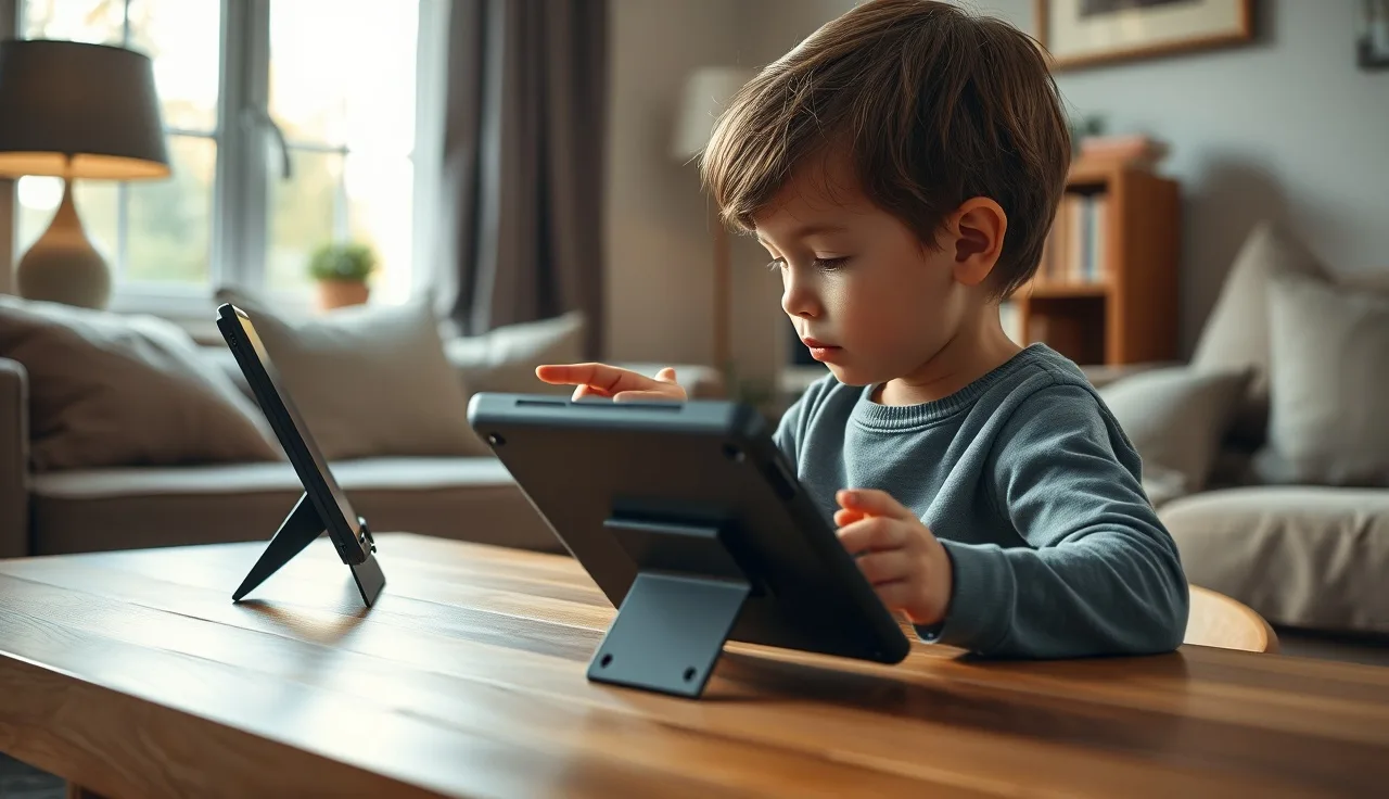 Young child using an AAC tablet device at a home table