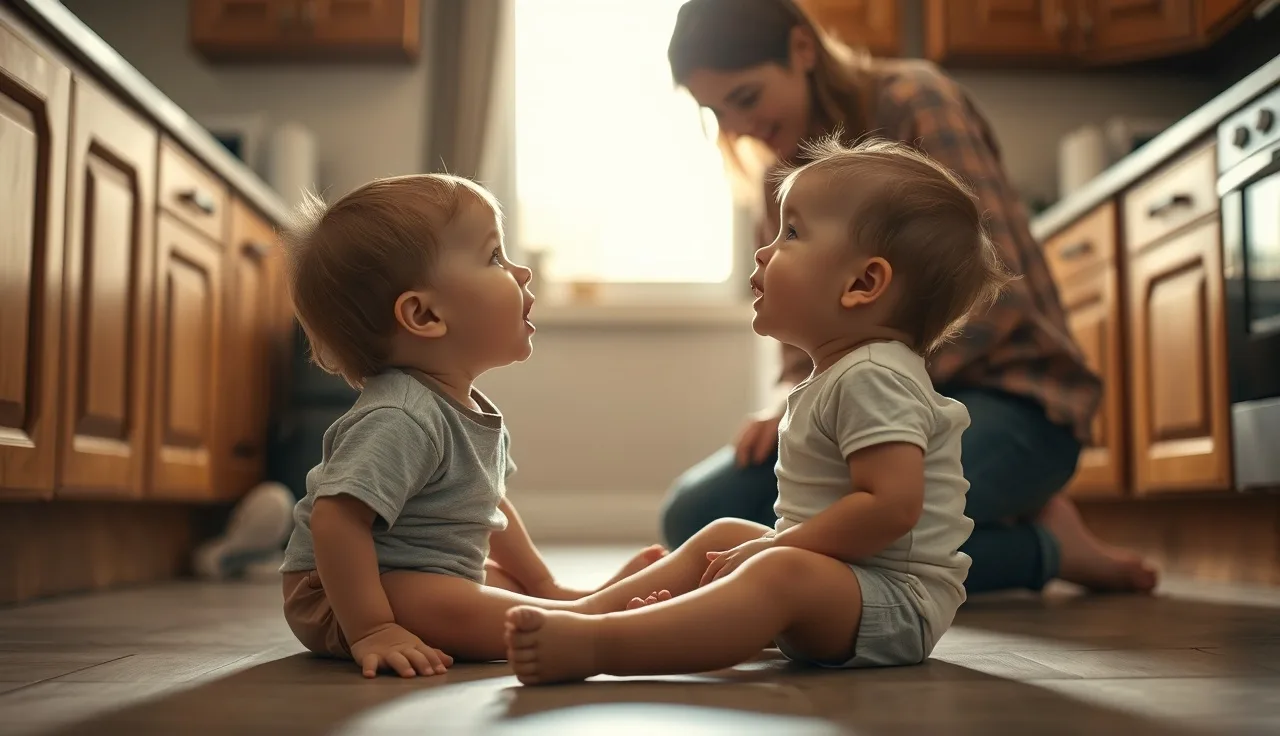 Toddler babbling on kitchen floor while parent listens attentively nearby