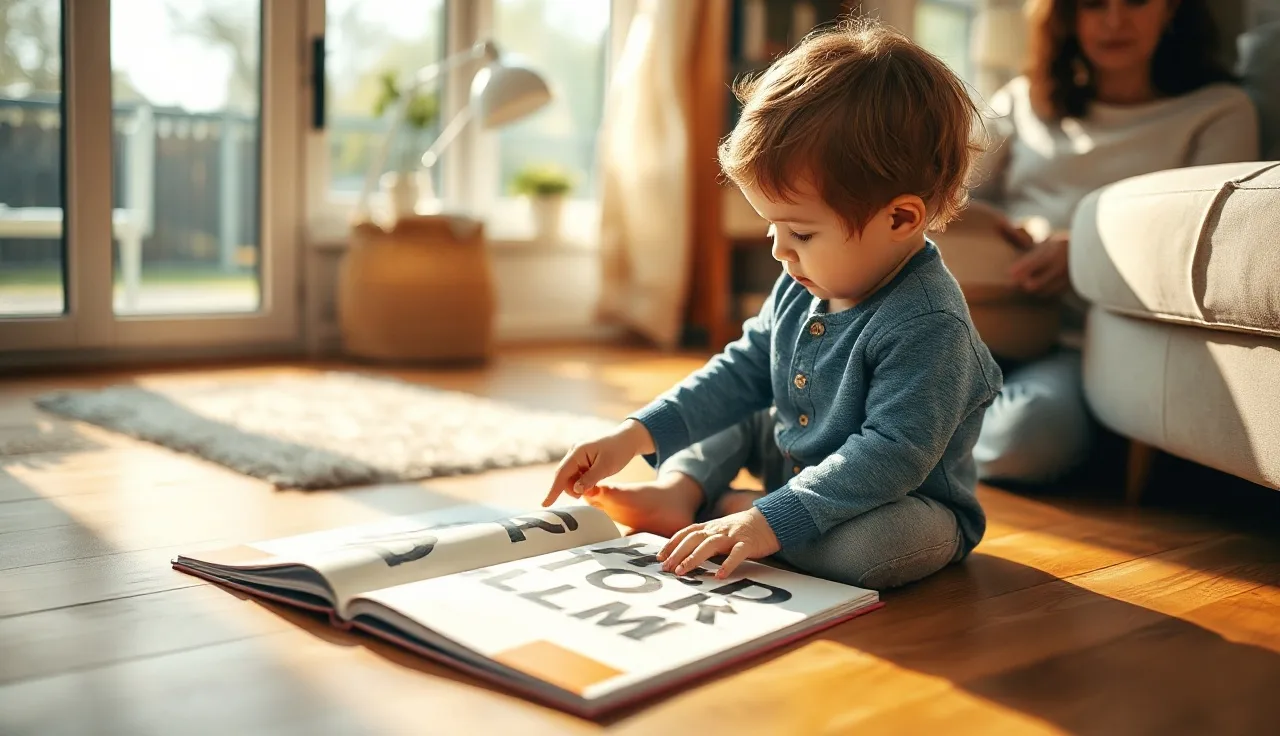 Toddler pointing at letters in a book while parent watches, indoor morning light