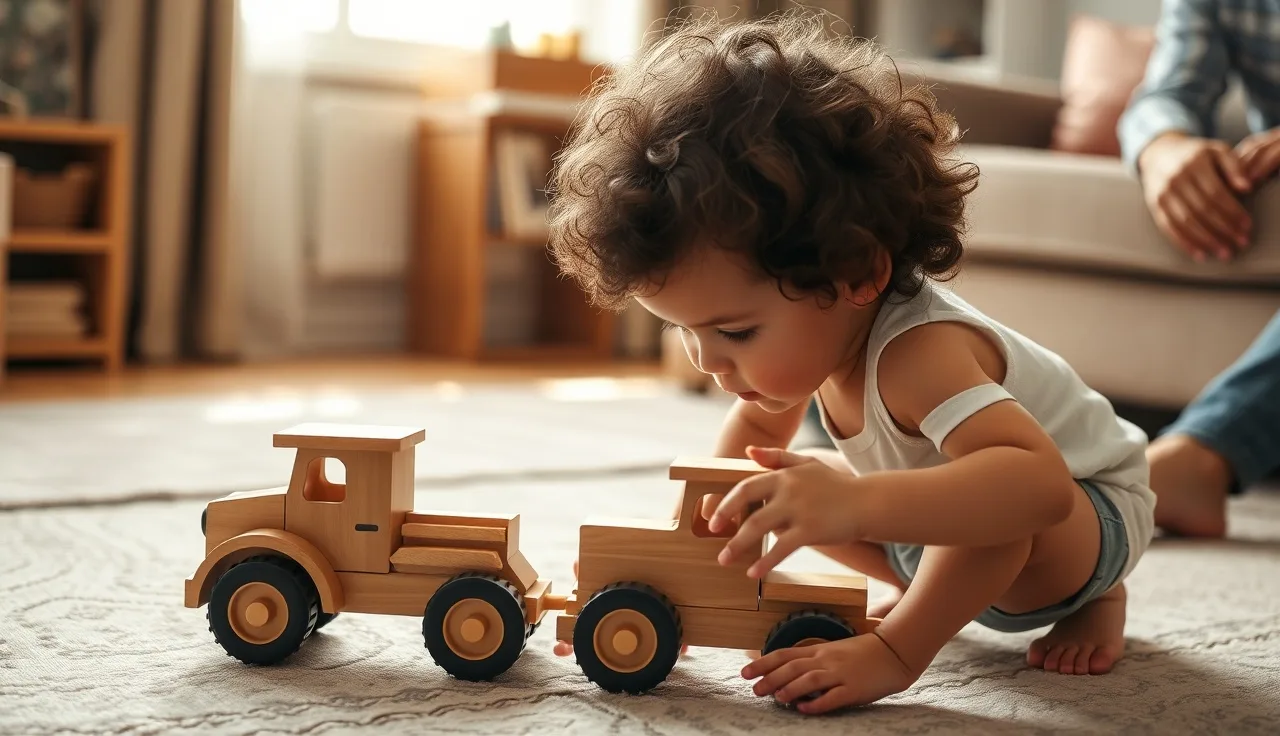 Toddler spinning a wooden toy truck wheel on a living room floor