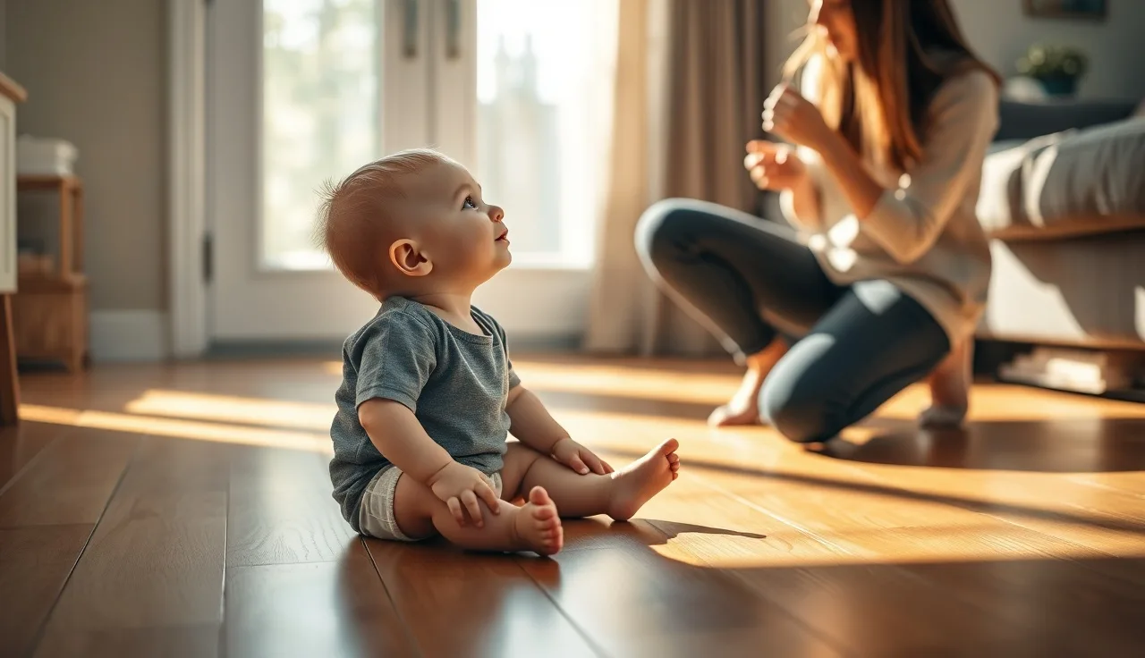 Toddler on wooden floor looking at parent talking nearby, warm light