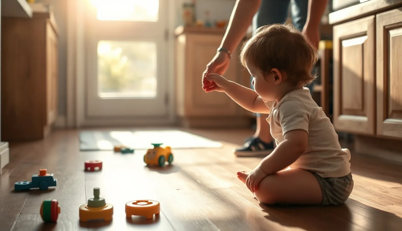 Toddler reaching toward parent on a kitchen floor, grunting to communicate