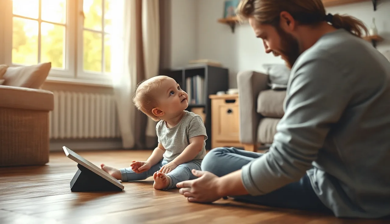 Toddler looking at parent during face-to-face play with tablet nearby on floor