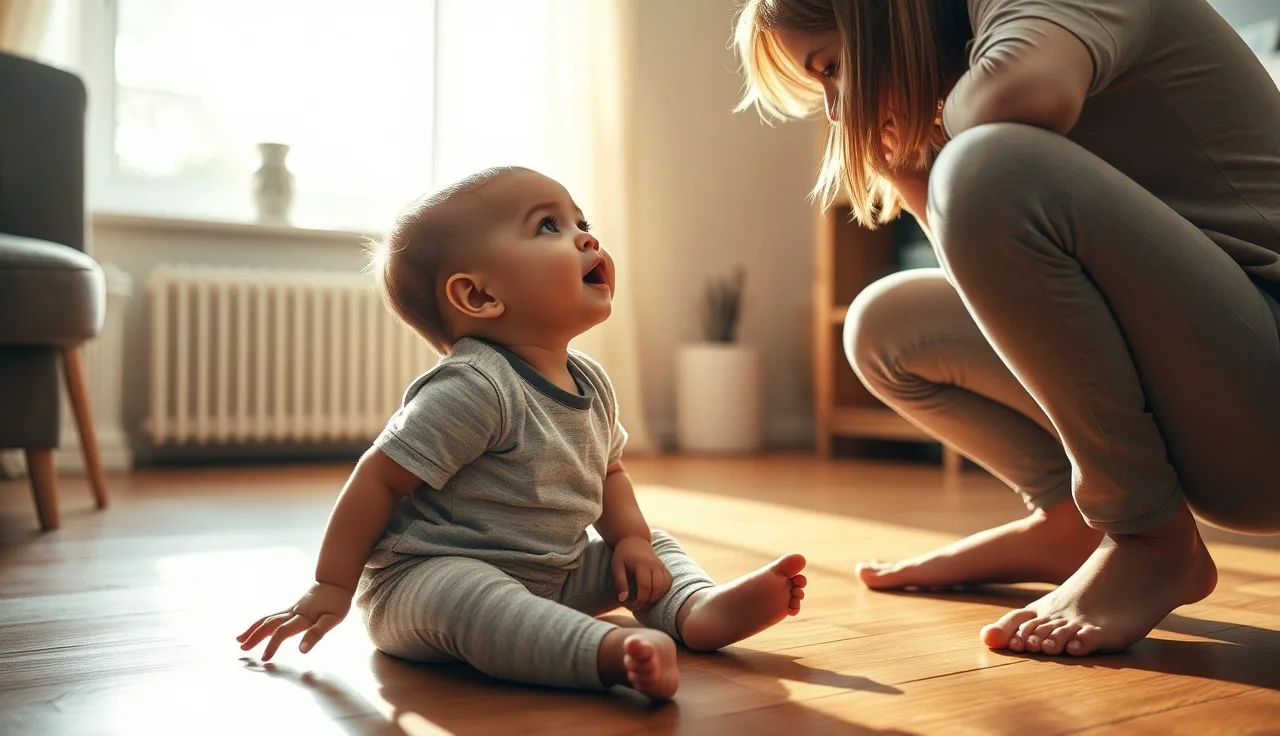 Toddler making sounds toward attentive parent on a sunlit living room floor