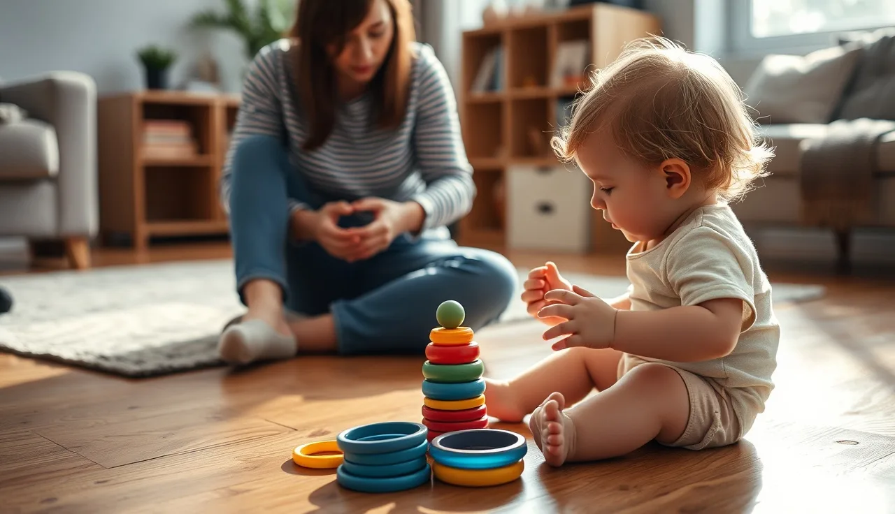 Toddler focused on toy while parent tries to engage with gentle eye contact