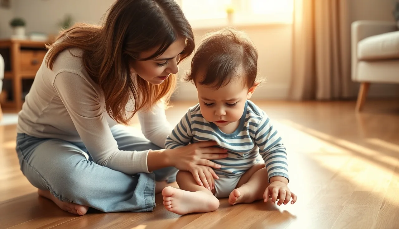 Mother kneeling beside a quiet toddler on a floor after a fall