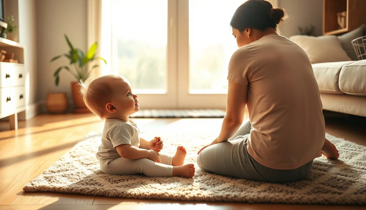 Toddler on a rug looking up at a parent during play, warm natural light