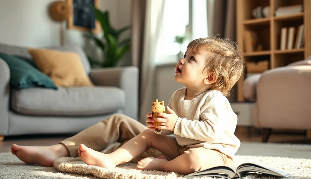 Toddler and parent playing on a rug, child holding a wooden toy and looking up