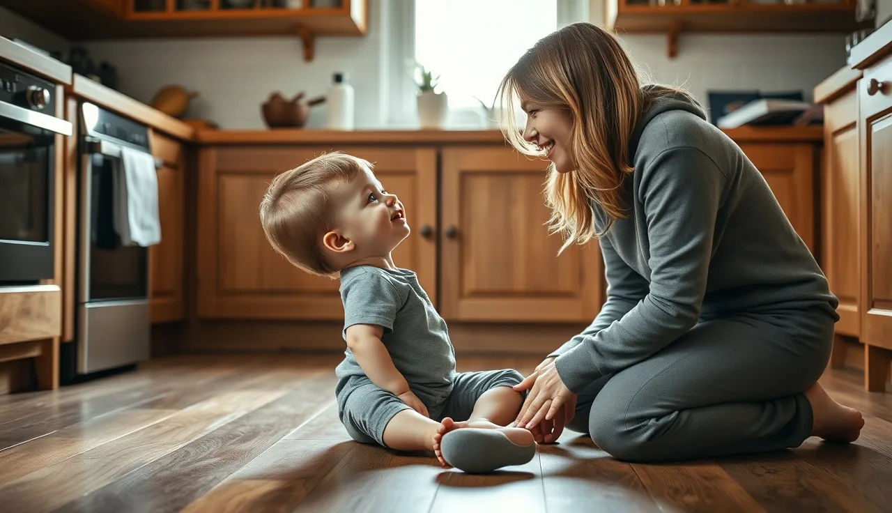Toddler and parent talking face-to-face on a kitchen floor, morning light