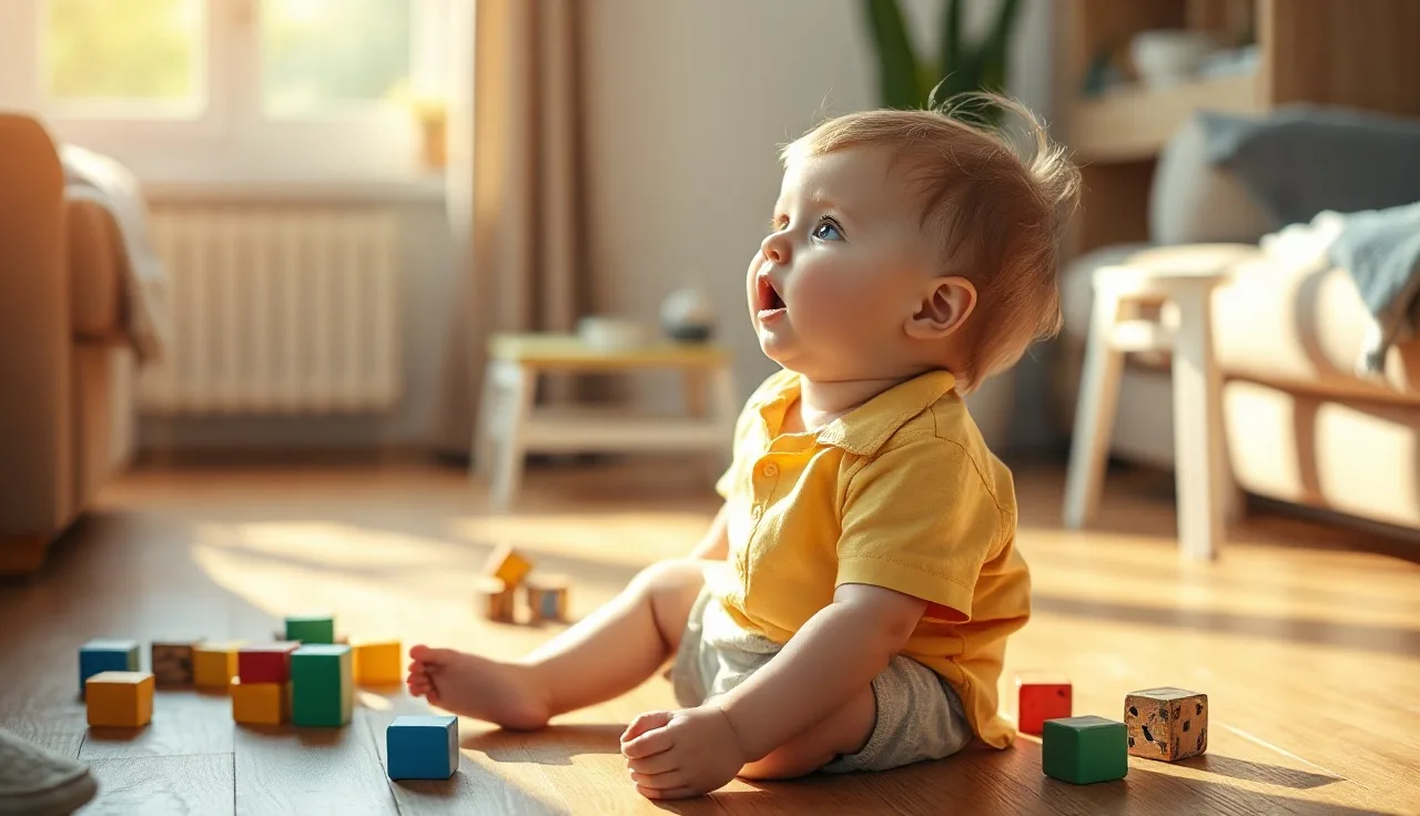 Toddler speaking mid-word on a sunlit floor surrounded by stacking blocks
