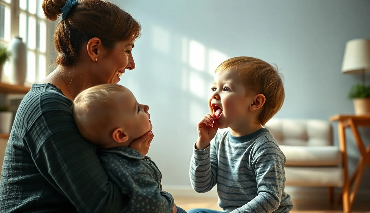 Toddler lifting tongue during speech evaluation with a therapist in a calm room