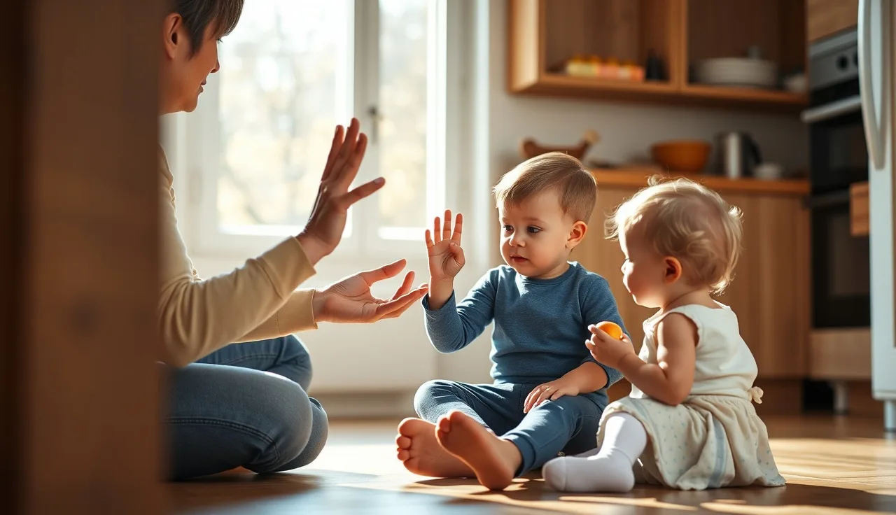 Parent signing to toddler during morning snack using total communication approach