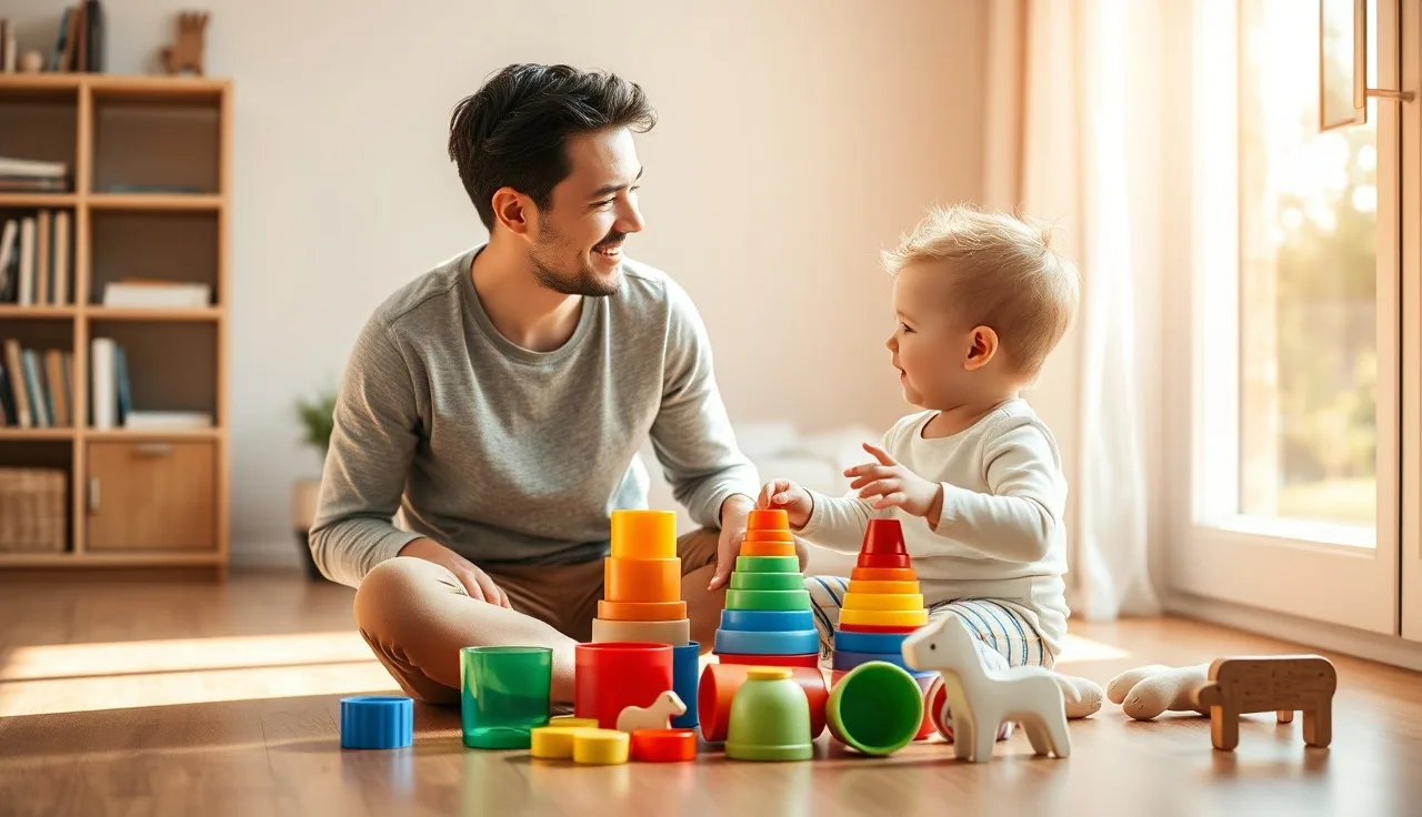 Parent and toddler playing with stacking cups and toy animals on a wooden floor