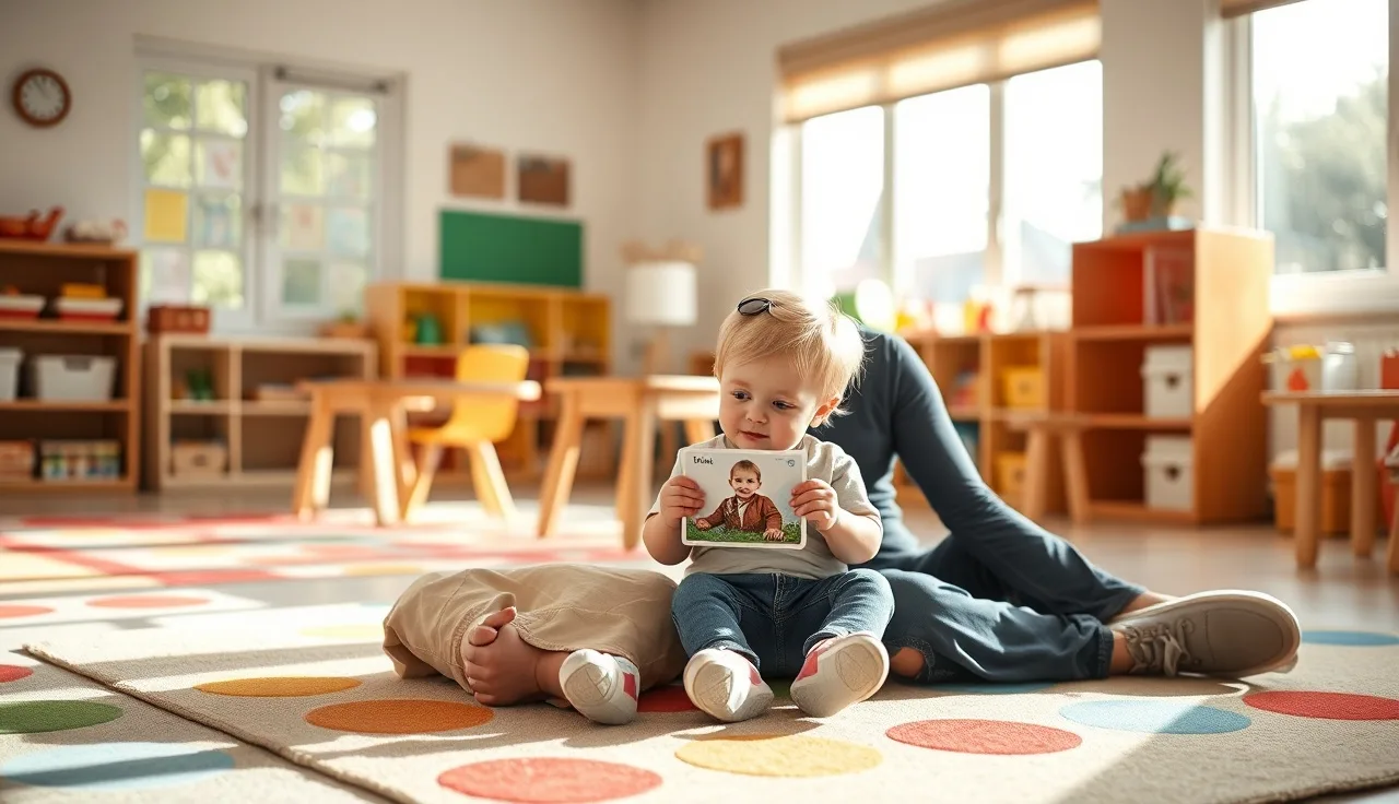 Toddler and parent sitting on preschool classroom rug during early childhood transition