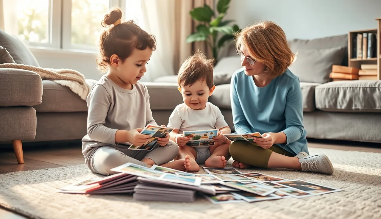 Child and speech therapist working together with picture cards on a living room floor