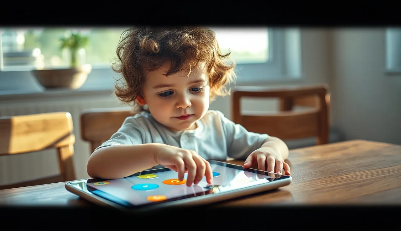 Young child using a colorful AAC tablet device at a wooden table
